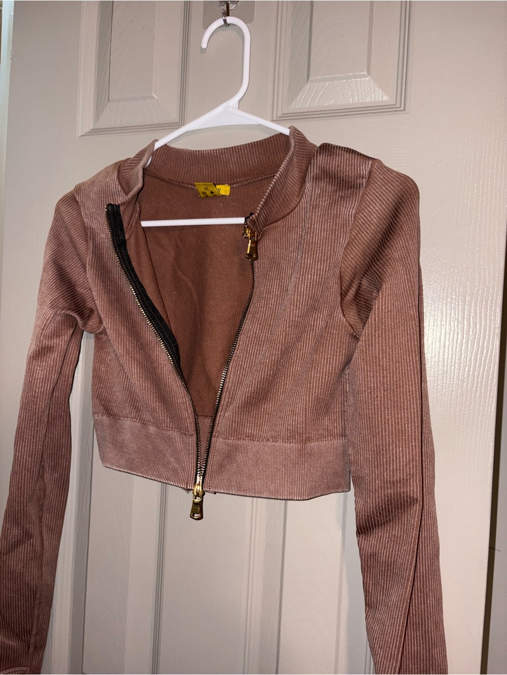 Daisy Cropped Ribbed Zip Jacket - Brown